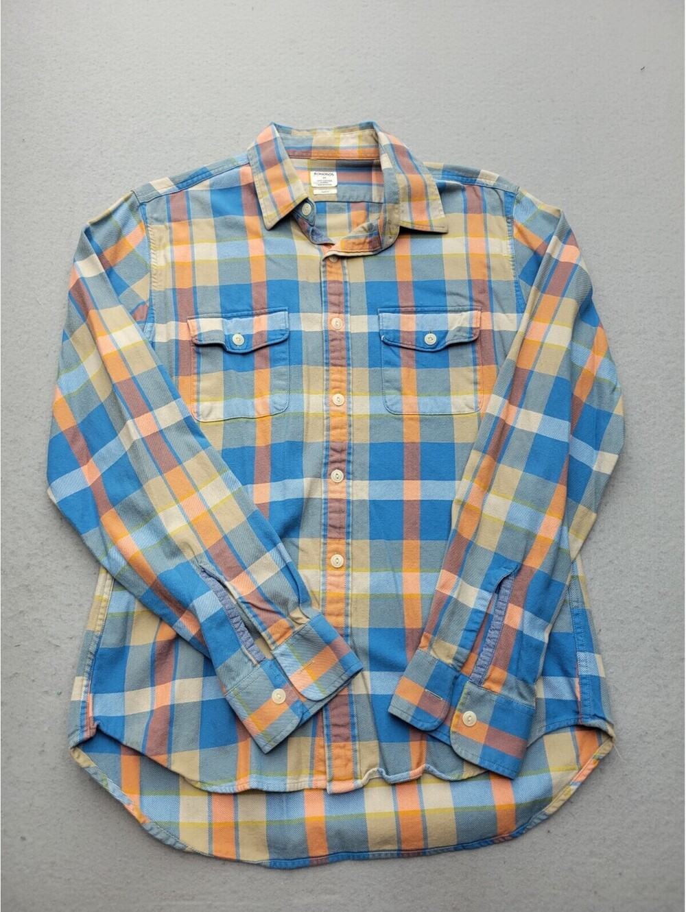 Bonobos Men Button-Up Medium Blue Orange Slim Plaid 100% Cotton Long Sleeve